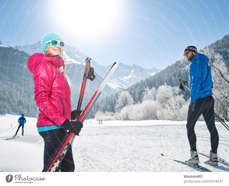 Austria, Tyrol, Luesens, Sellrain, two cross-country skiers in snow-covered landscape landscapes scenery terrain winter hibernal snow covered covered in snow