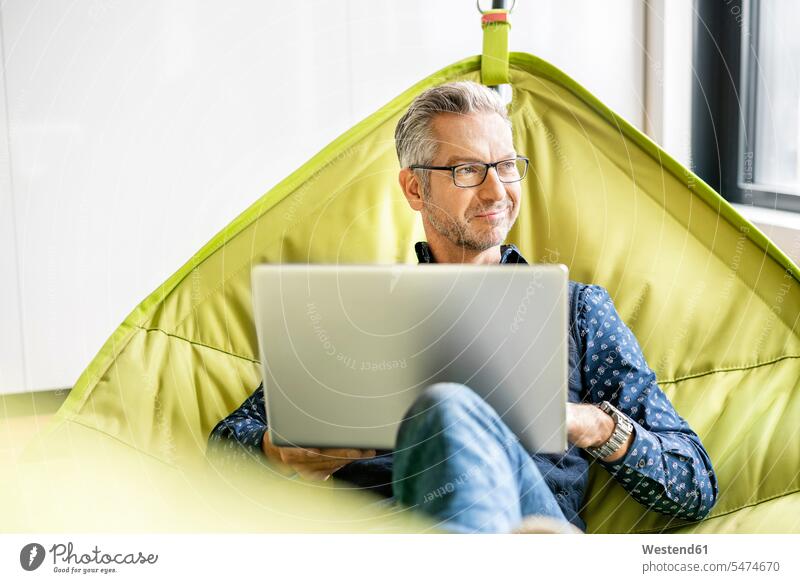 Smiling businessman sitting in hammock, using laptop human human being human beings humans person persons caucasian appearance caucasian ethnicity european 1