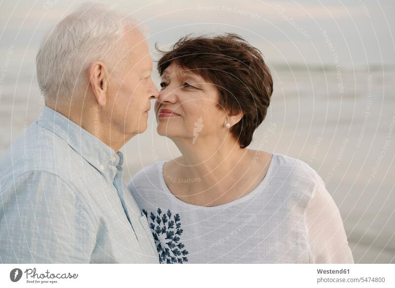 Senior couple rubbing noses in front of the sea, Liepaja, Latvia associate associates partner partners partnerships touch Emotions Feeling Feelings Sentiment