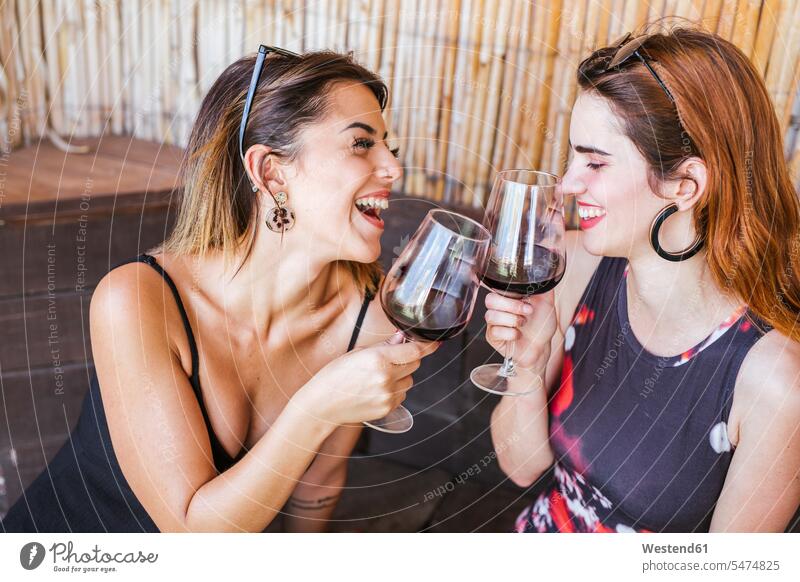 Two happy women having a glass of red wine at a bar friends mate female friend Drinking Glass Drinking Glasses Seated sit speak speaking talk drink summer time