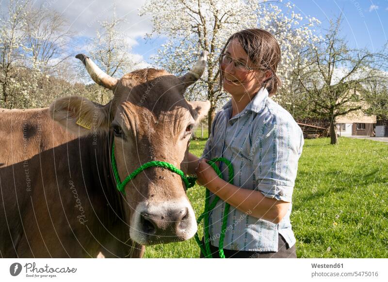 Smiling farmer with a cow on pasture human human being human beings humans person persons caucasian appearance caucasian ethnicity european Southern European 1