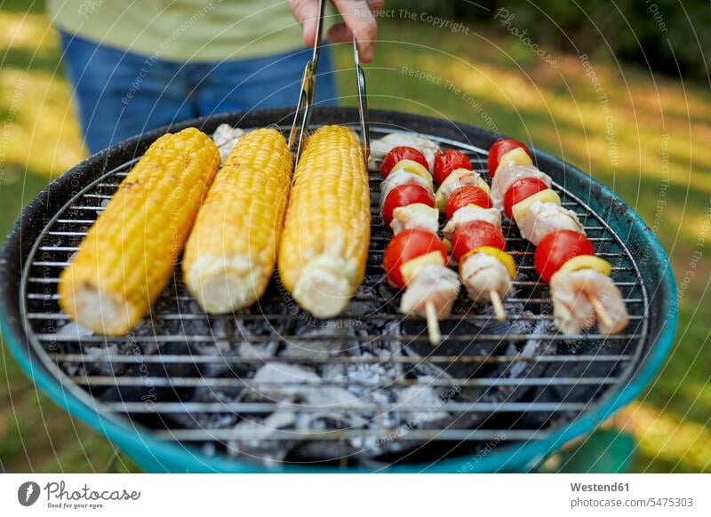 Corn cob and meat skewer on grill at barbecue in garden meat skewers barbecue grill barbecue grills Barbeque Grill Barbecue BBQ gardens domestic garden corn cob
