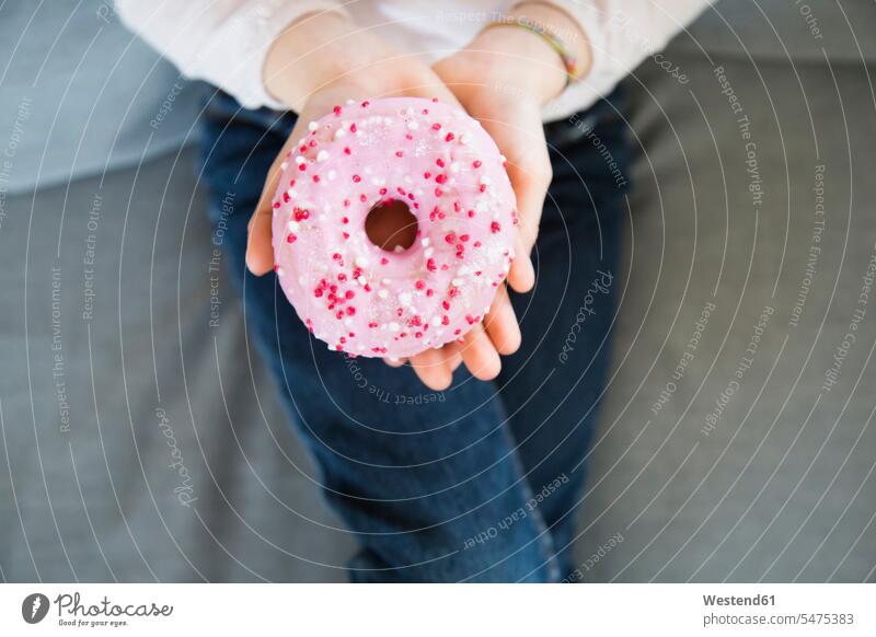 Girl's hand holding pink doughnut, close-up human hand hands human hands girl females girls donuts Doughnuts people persons human being humans human beings