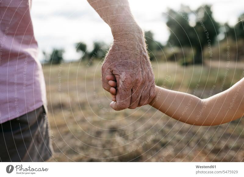 Close-up of grandfather and granddaughter holding hands color image colour image Spain leisure activity leisure activities free time leisure time outdoors