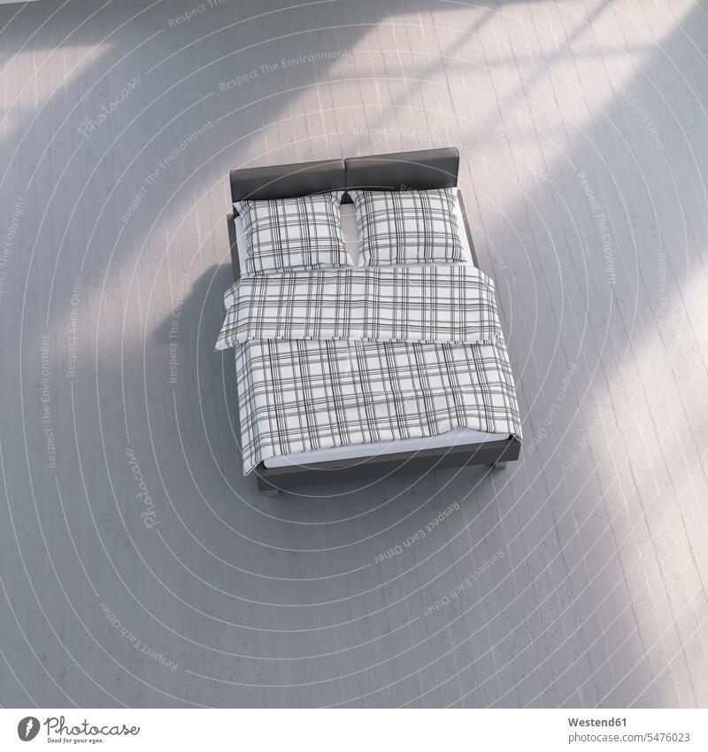3D rendering, Bed with chequered bedding on concrete floor beds comfortable amenities amenity simplicity Modest simple structure structures Floor Floors
