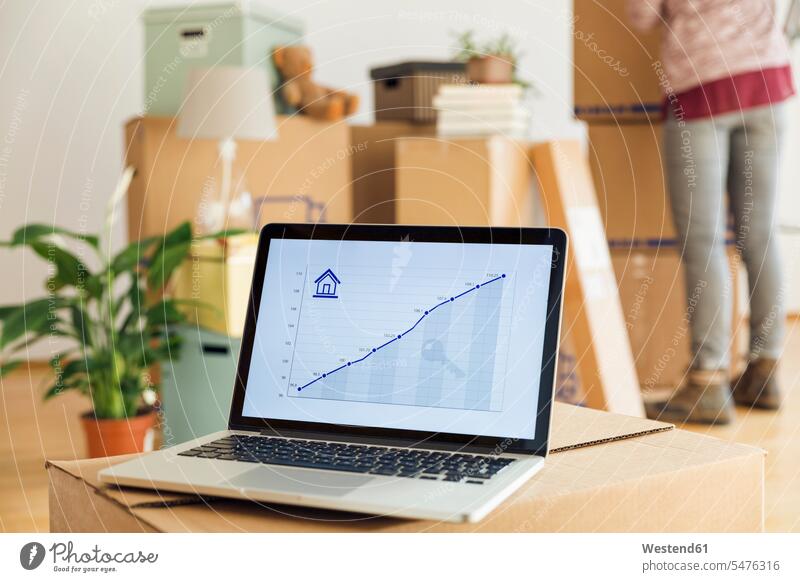 Rising line graph on laptop screen in front of cardboard boxes in a new home human human being human beings humans person persons caucasian appearance