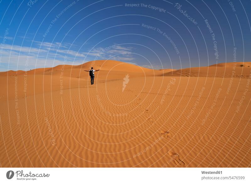 Morocco, back view of man with backpack standing on desert dune men males rucksacks backpacks back-packs desert dunes Adults grown-ups grownups adult people
