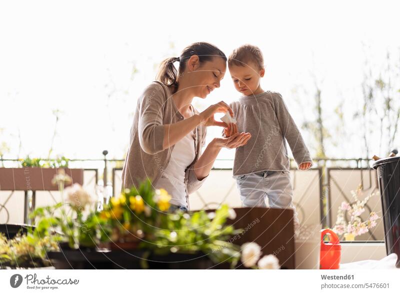 Mother and daughter planting flowers together on balcony Germany teaching educating educate one parent dispersing disperse watching childhood love of nature