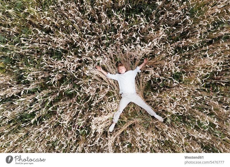Blond boy lying outstretched in an oat field shirts delight enjoyment Pleasant pleasure Cheerfulness exhilaration gaiety gay glad Joyous merry indulgence