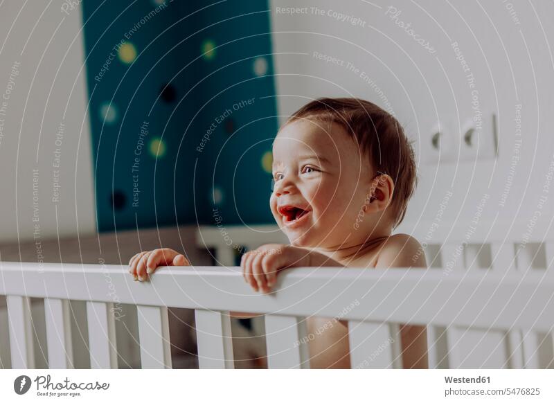 Baby boy standing in his cot, laughing bed beds crib Cot children's bed baby infants nurselings babies Laughter people persons human being humans human beings