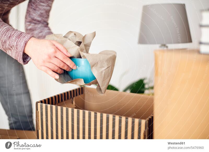 Close-up of woman unpacking cardboard box in new home taking out bowl human human being human beings humans person persons caucasian appearance