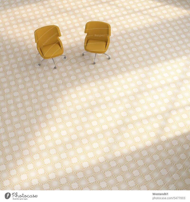 3D rendering, Two yellow chairs on patterned floor Absence Absent simplicity Modest simple Floor Floors two objects 2 furnishing Furnishings understanding Pair