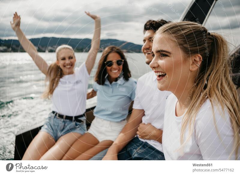 Happy friends on a boat trip on a lake mate female friend T- Shirt t-shirts tee-shirt Nautical Vessel nautical vessels water vehicle water vehicles watercraft