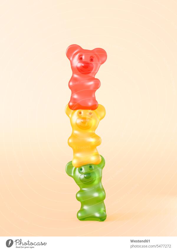 Rendering of three gummi bears on top of each other traffic lights Traffic Signal balanced Equilibrium smile delight enjoyment Pleasant pleasure happy colour