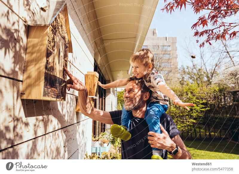 Father and son inspecting their insect hotel with bees animals creature creatures hexapoda insecta insects Apiformes T- Shirt t-shirts tee-shirt smile seasons