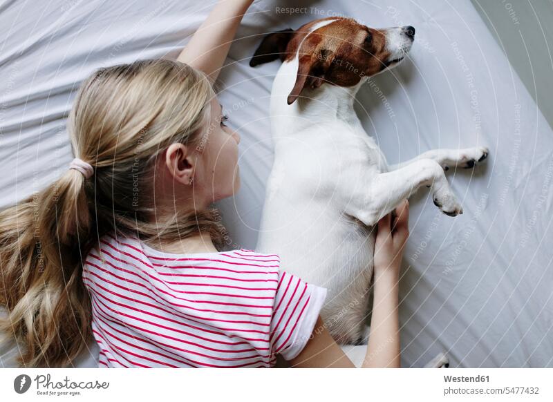 Blond girl lying on bed tickling her dog dogs Canine females girls laying down lie lying down blond blond hair blonde hair pets animal creatures animals child