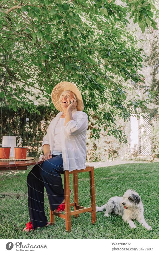 Cheerful senior woman talking over smart phone while sitting on stool by dog in yard color image colour image Spain leisure activity leisure activities