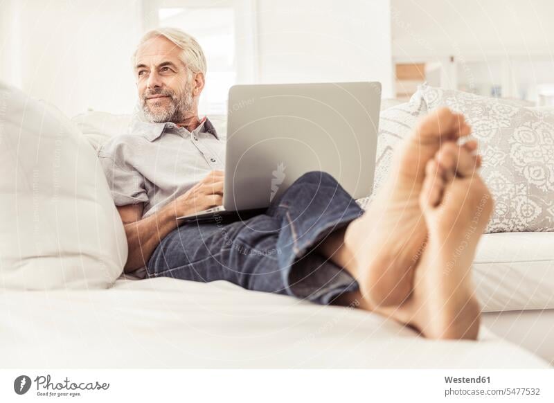 Mature man using laptop on couch at home business life business world business person businesspeople Business man Business men Businessmen couches settee