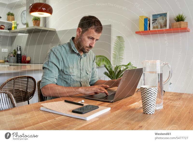Handsome male freelancer using laptop at dining table while working from home color image colour image Spain indoors indoor shot indoor shots interior