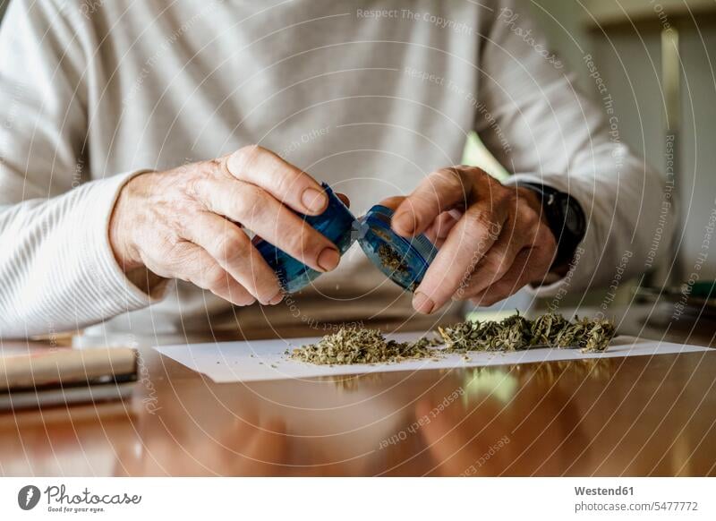 Midsection of elderly man removing weed from grinder on paper at home color image colour image Spain indoors indoor shot indoor shots interior interior view
