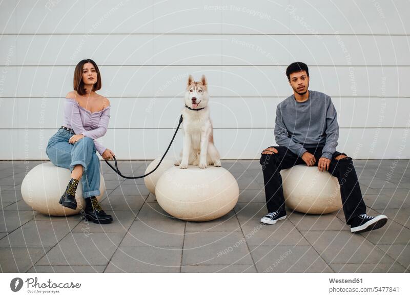 Boyfriend and girlfriend sitting by dog with social distance on white concrete ball against wall color image colour image outdoors location shots outdoor shot