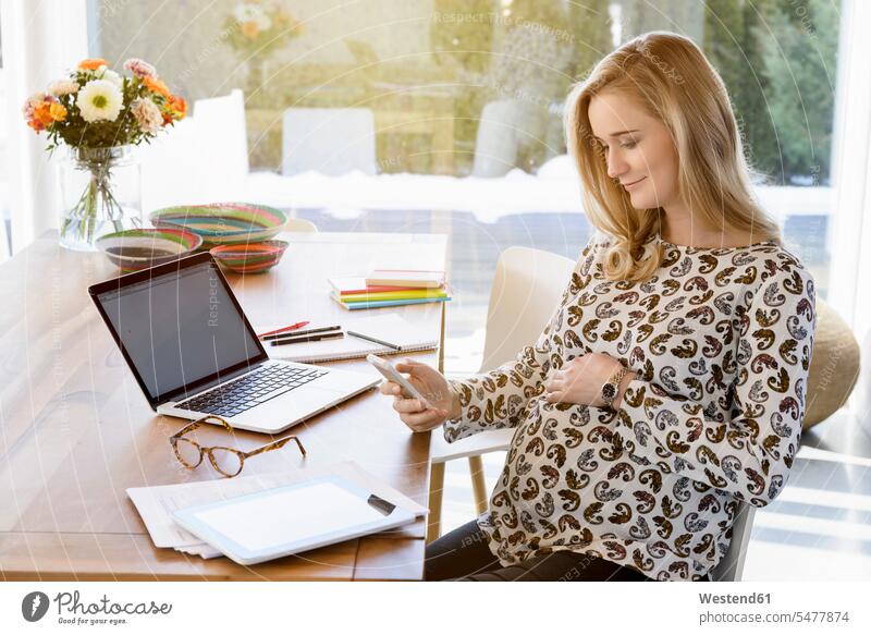 Smiling pregnant woman working from home at home smiling smile At Work Pregnant Woman females women Adults grown-ups grownups adult people persons human being