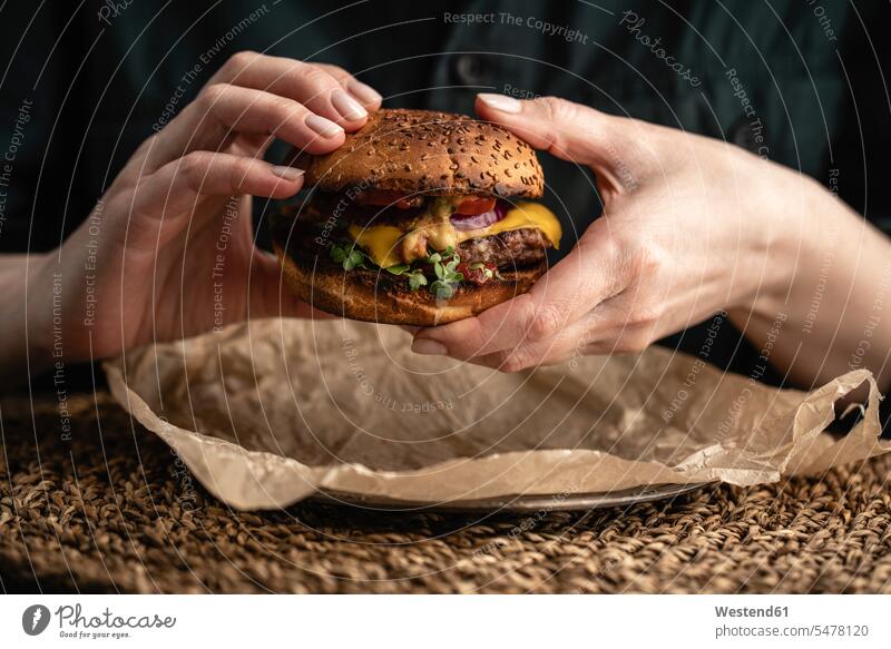 Russia, Hands of woman holding ready-to-eat hamburger with red bell pepper, onions and cheese close-up close up closeup close ups close-ups closeups take away