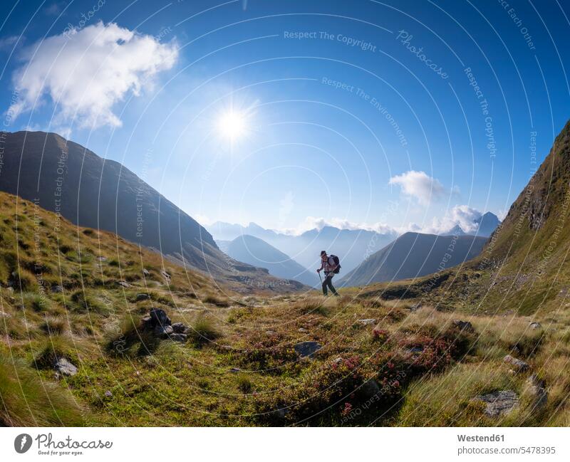 Italy, Lombardy, Bergamasque Alps, hiker on the way to Passo del Gatto, Cima Bagozza and Mount Camino leisure free time leisure time climber alpinists climbers
