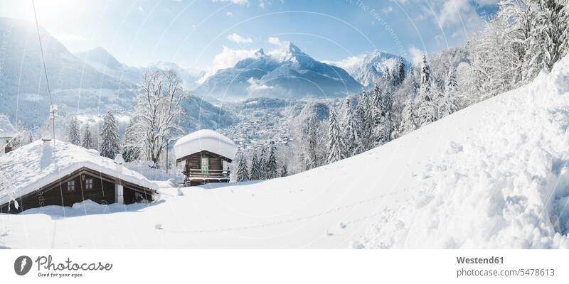 Germany, Bavaria, Berchtesgaden, Mountain hut and Watzmann in deep snow Berchtesgarden European Alps the Alps mountain range mountains mountain ranges