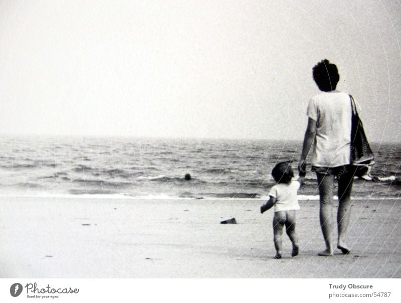 ocean breathes salty... Ocean Beach Woman Child Black White Horizon Hand T-shirt Waves Sand Sky Legs