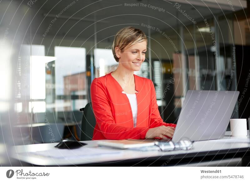 Smiling businesswoman using laptop in office Occupation Work job jobs profession professional occupation business life business world business person