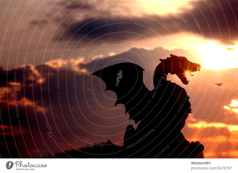 Slovenia, Ljubljana, silhouette of dragon sculpture of Zmajski most atmospheric Atmospheric Mood Idyllic mood moody Vibe sundown sunsets location shot