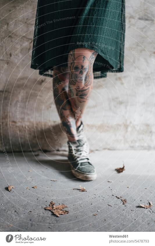 Legs of a young woman with tattoos females women leg legs human leg human legs dress dresses wall walls rebel skull skulls death's head Adults grown-ups