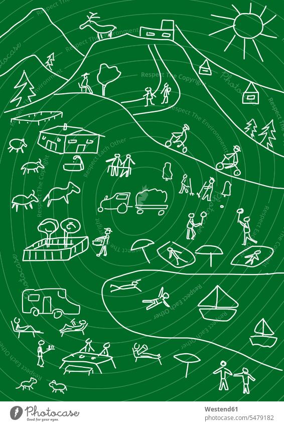 Child's drawing of several summer vacation activities natural world colour colours stickmen bicoloured two colored two coloured Two Tone Two Tone - Color