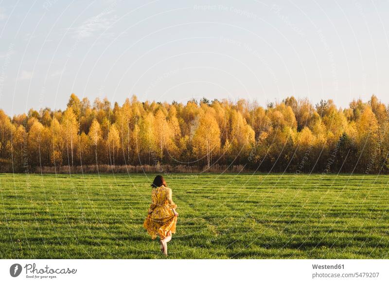 Mid adult woman walking on grass in autumn field on sunny day color image colour image outdoors location shots outdoor shot outdoor shots daylight shot