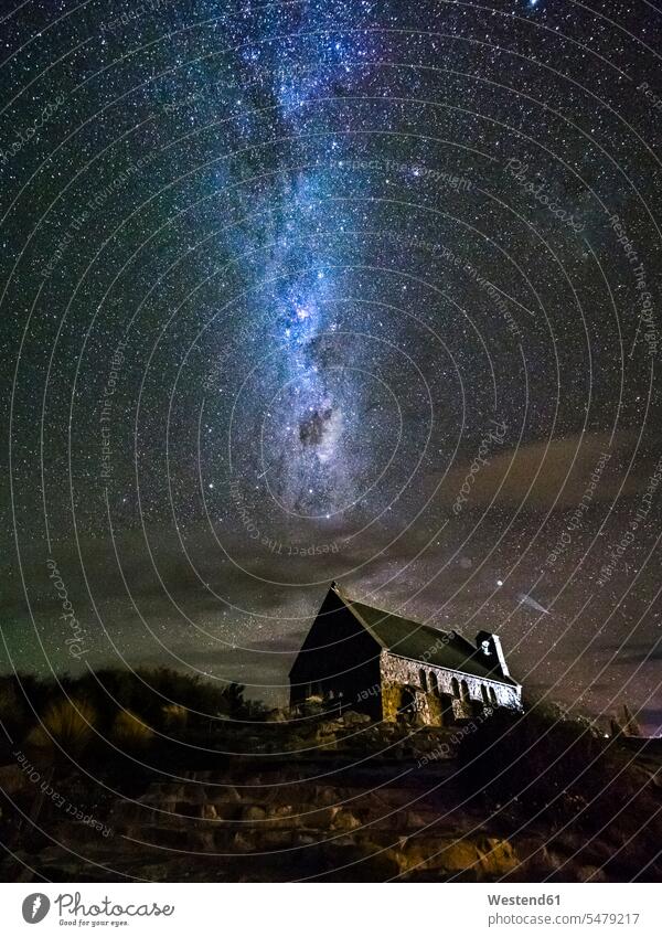 New Zealand, South Island, Canterbury Region, Church of the Good Shepherd at night cloudy cloudiness clouds church churches night sky Star Shape Star Shapes