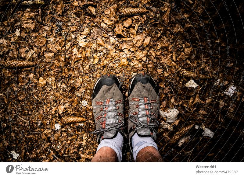 Feet of man wearing hiking boots standing on forest floor outdoors location shots outdoor shot outdoor shots day daylight shot daylight shots day shots daytime