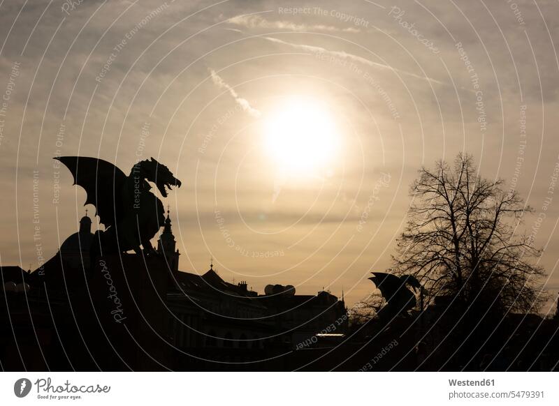 Slovenia, Ljubljana, silhouettes of dragon sculptures of Zmajski most at sunset evening in the evening evening light urban scene copy space dragons Moody Sky