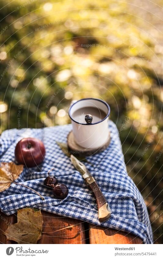 Coffee, apple, grapes and autumn leaves on wooden bench nobody still life still lifes still-life still-lifes Selective focus Differential Focus Apple Apples