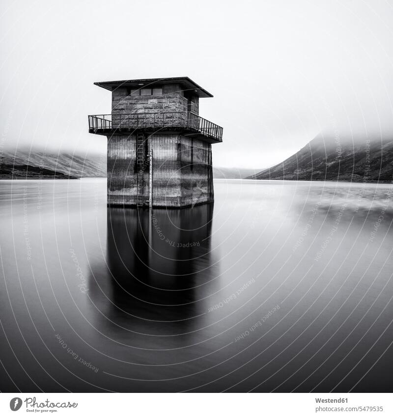 UK, Scotland, Control tower at loch turret reservoir reflection reflections reflexions tranquility tranquillity surveillance control River Rivers storage lake