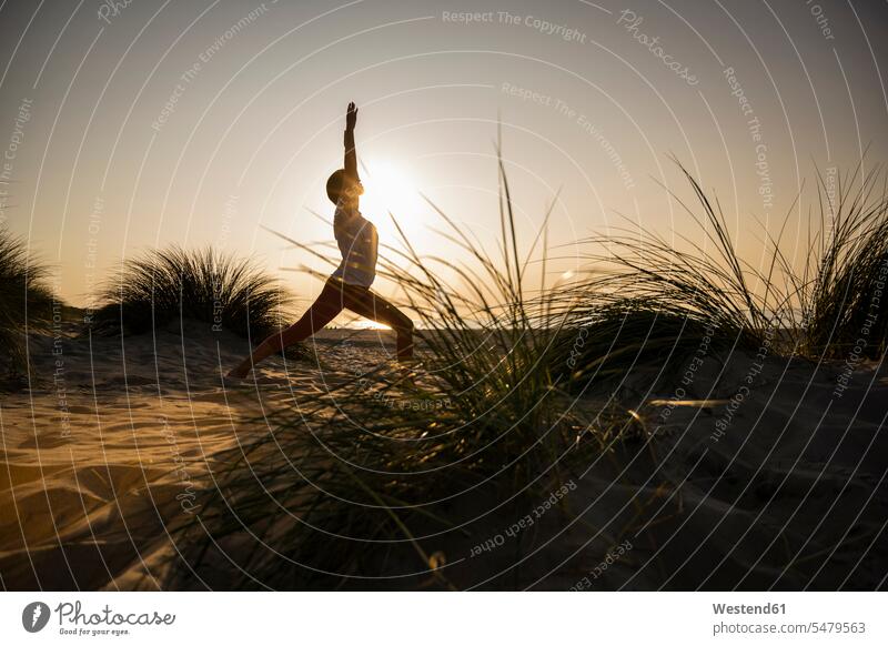 Silhouette young woman practicing warrior position yoga amidst plants at beach against clear sky during sunset color image colour image Netherlands Holland