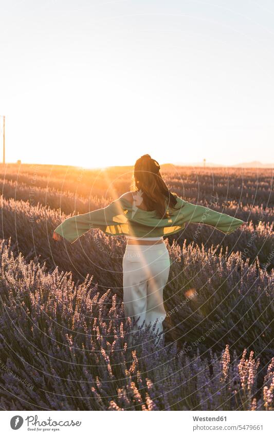 Carefree woman with arms outstretched walking at lavender field during sunset color image colour image outdoors location shots outdoor shot outdoor shots Spain