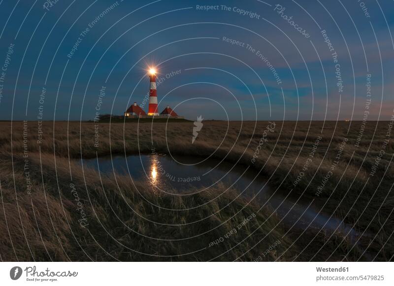 Germany, Schleswig-Holstein, North Sea Coast, View of Westerheversand Lighthouse at night day daytime daylight shot day shots daylight shots Tranquility