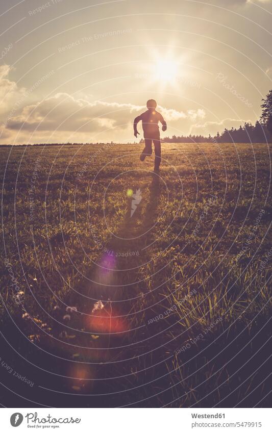 Silhouette of boy running on a meadow at backlight caucasian european caucasian ethnicity caucasian appearance brightness clear fair nature Lens Flare