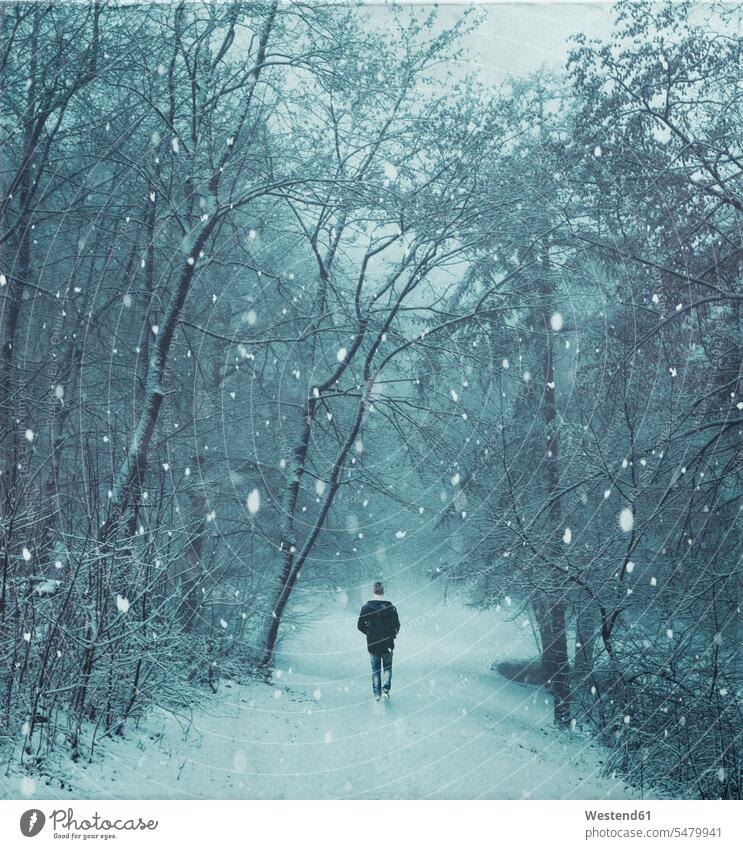 Man walking in snow storm at forest color image colour image outdoors location shots outdoor shot outdoor shots day daylight shot daylight shots day shots