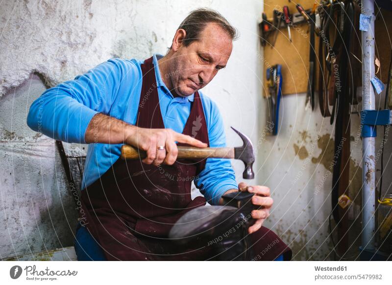 Shoemaker repairing a shoe in his workshop caucasian caucasian ethnicity caucasian appearance european hammer hammers hitting beating working At Work