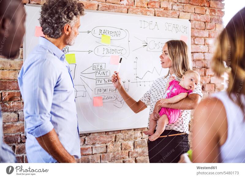 Mother with baby working together with team on whiteboard at brick wall in office At Work white board mother mommy mothers ma mummy mama infants nurselings