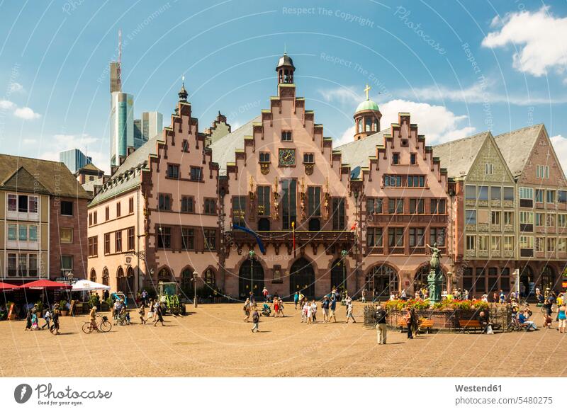 Germany, Frankfurt, Roemerberg and Gerechtigkeitsbrunnen at market square monument conservation gable gables outdoors outdoor shots location shot location shots