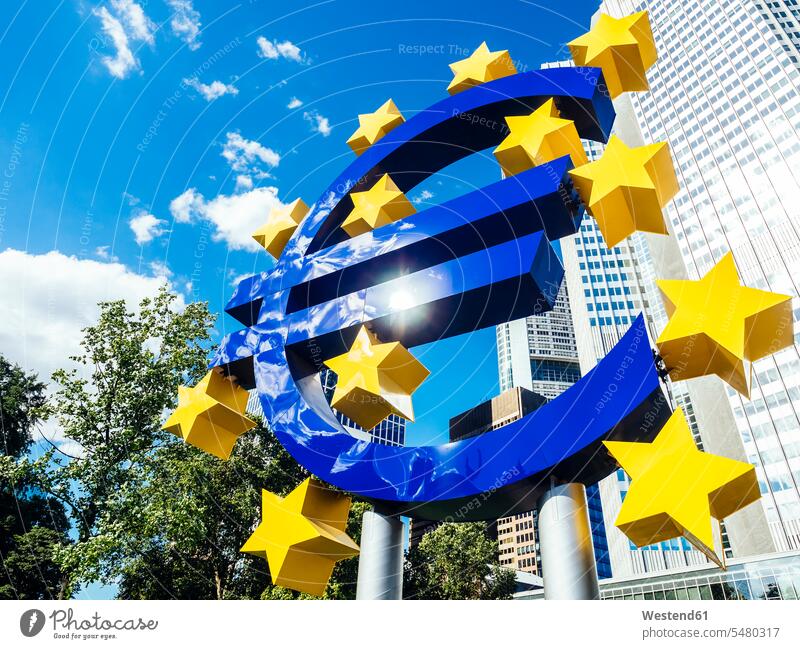 Germany, Frankfurt, euro sign in front of Eurotower cloud clouds European Central Bank ECB Star Shape Star Shapes Star Shaped star star-shaped stars euro-symbol
