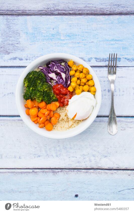 Lunch bowl of quinoa, red cabbage, carrots, roasted chickpeas, broccoli, poached egg and ajvar uncooked Carrot Carrots healthy eating nutrition Ajvar Vegetable